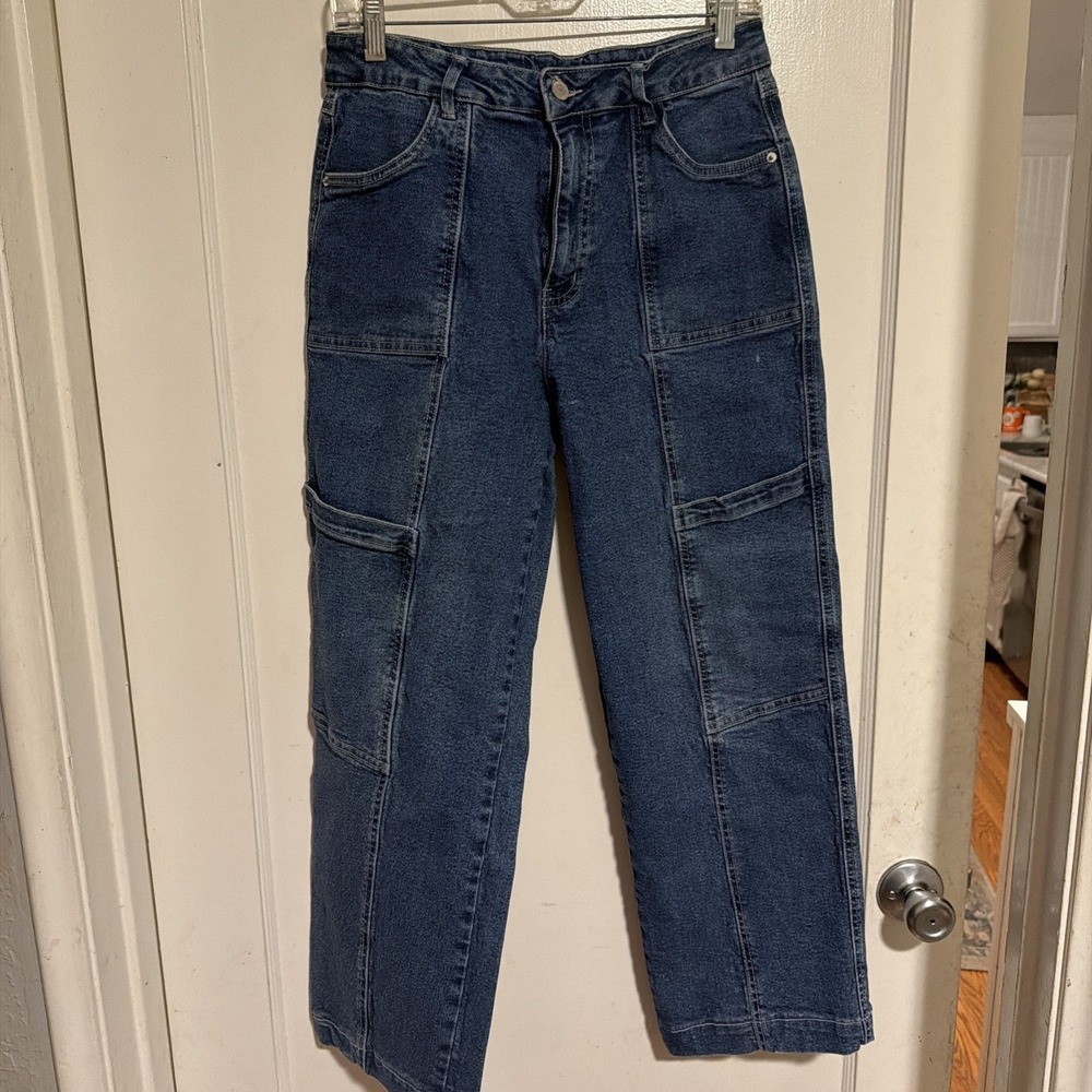 Vanilla Star Women's medium Wash Blue Denim Cargo Jeans Size 7 Cargo Pockets